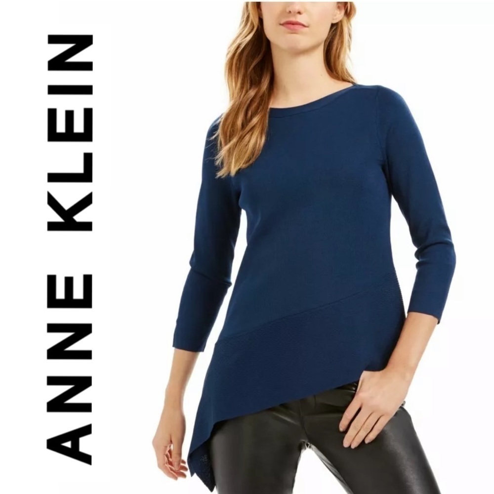ANNE KLEIN SPRUCE BLUE 3/4 SLEEVE ASYMMETRIC HEM BOAT NECK SWEATER